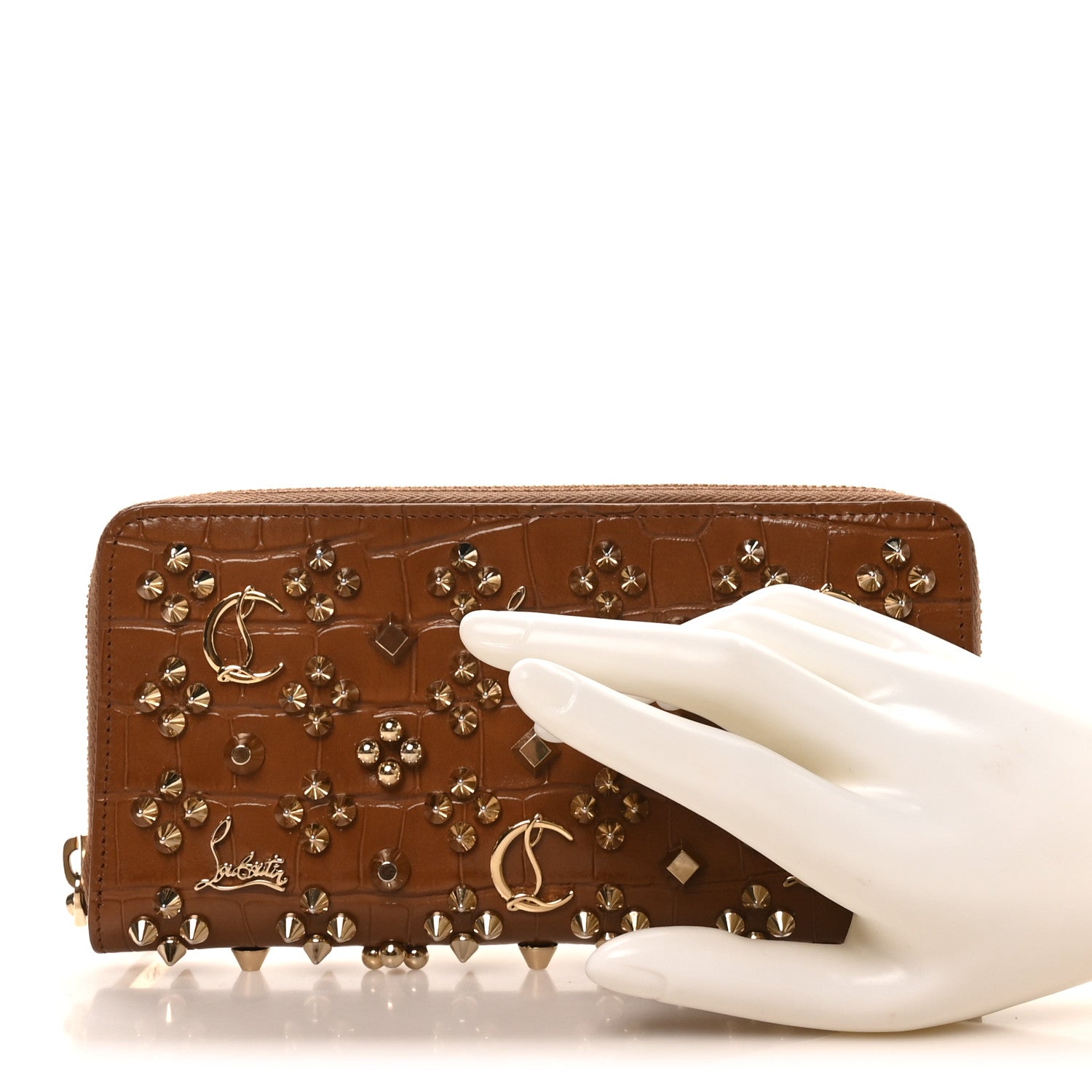Christian Louboutin Calfskin Crocodile Embossed Loubinthesky Panettone Zip Around Wallet Biscotto Gold 2 of 8