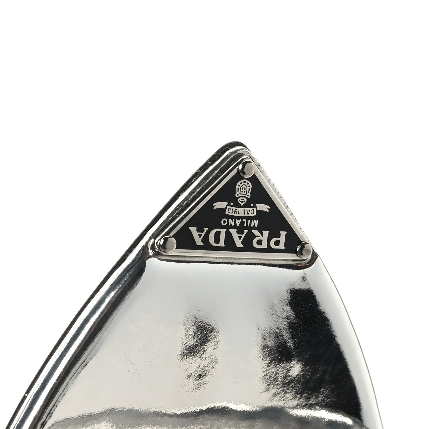 Prada Plexiglass Metallic Calfskin Metal Triangle Logo 75mm Slide Sandals 40 Argento 7 of 8
