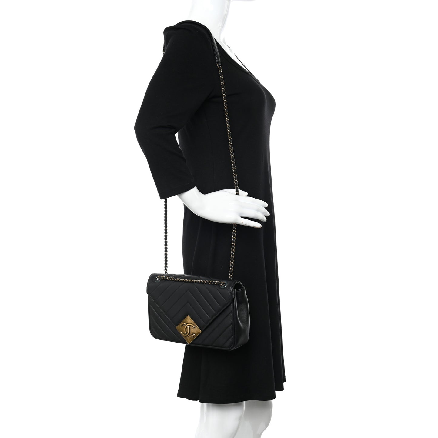 Lambskin Chevron Quilted Small Pyramid CC Flap Black