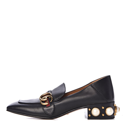 Gucci Betis Glamour Calfskin Web Pearl Embellished Peyton 35mm Loafer Pumps 39 Black 1 of 11