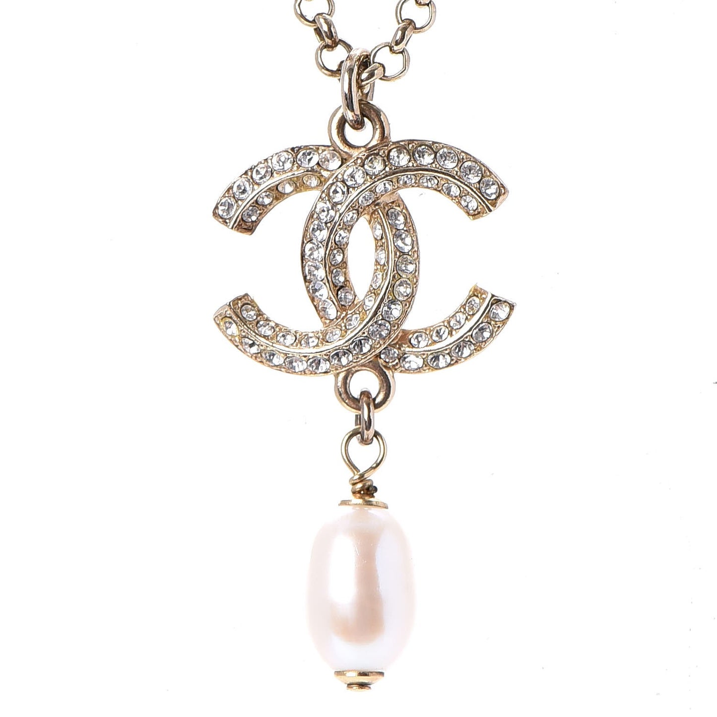 Pearl Crystal CC Drop Necklace Gold