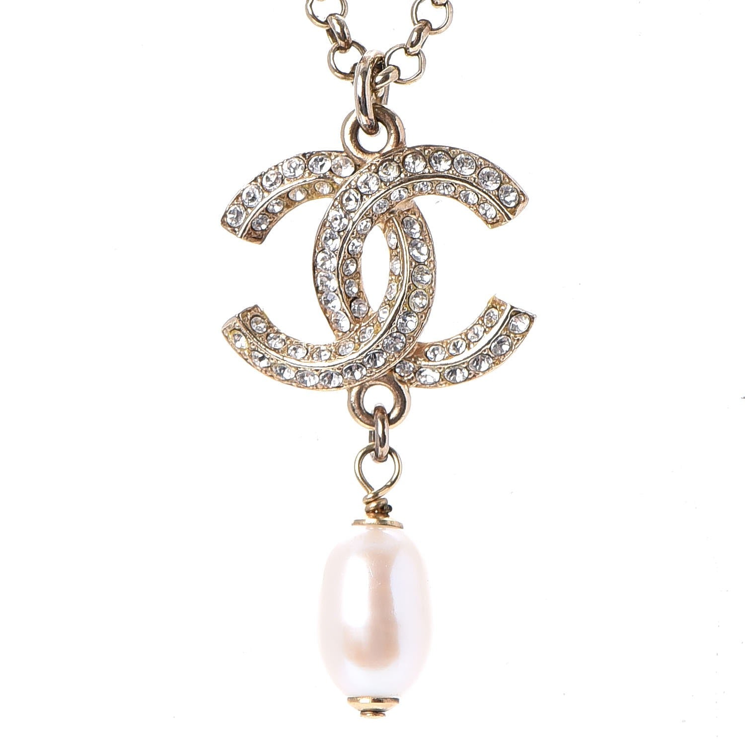 Chanel Pearl Crystal CC Drop Necklace Gold 4 of 7