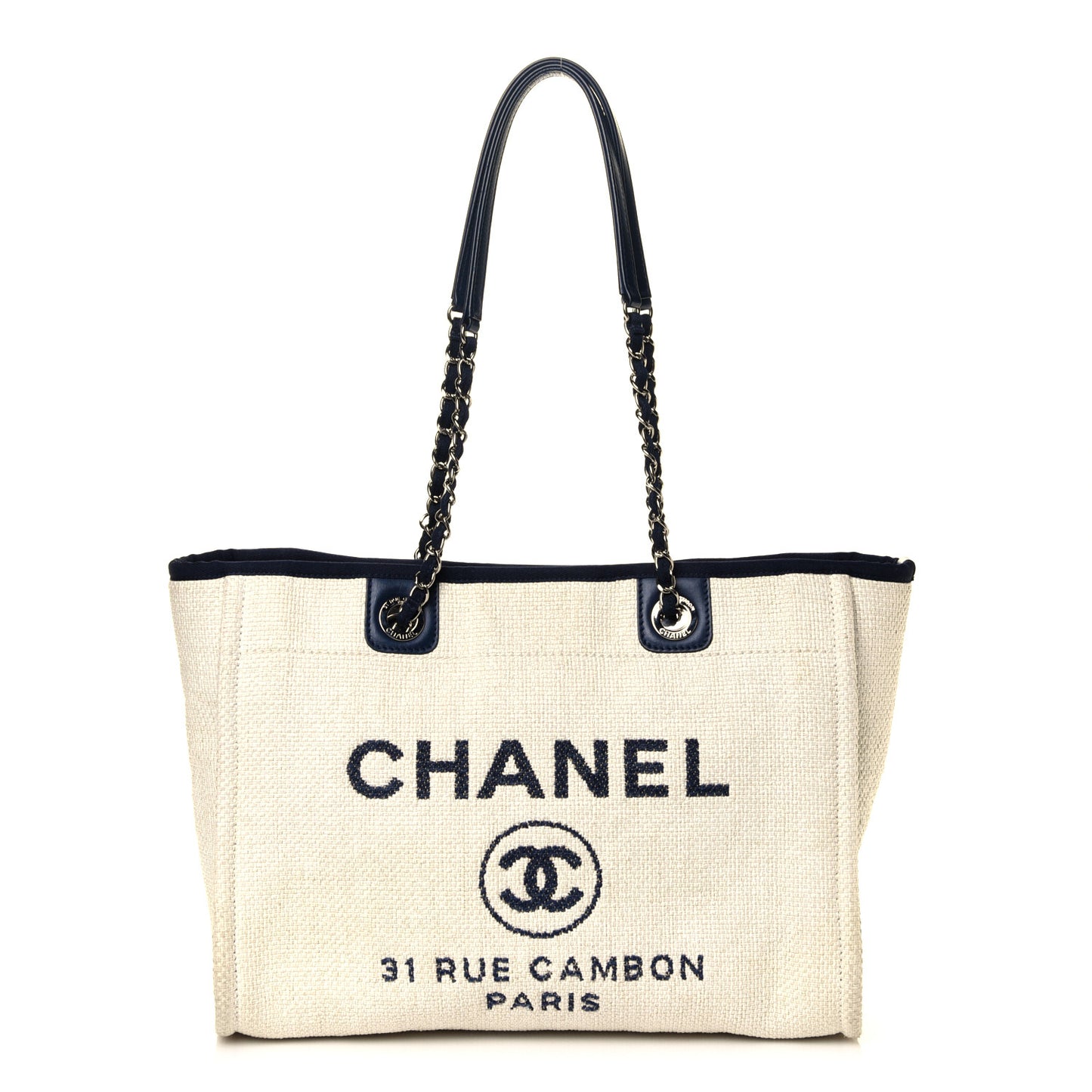 Woven Straw Raffia Small Deauville Tote White Navy