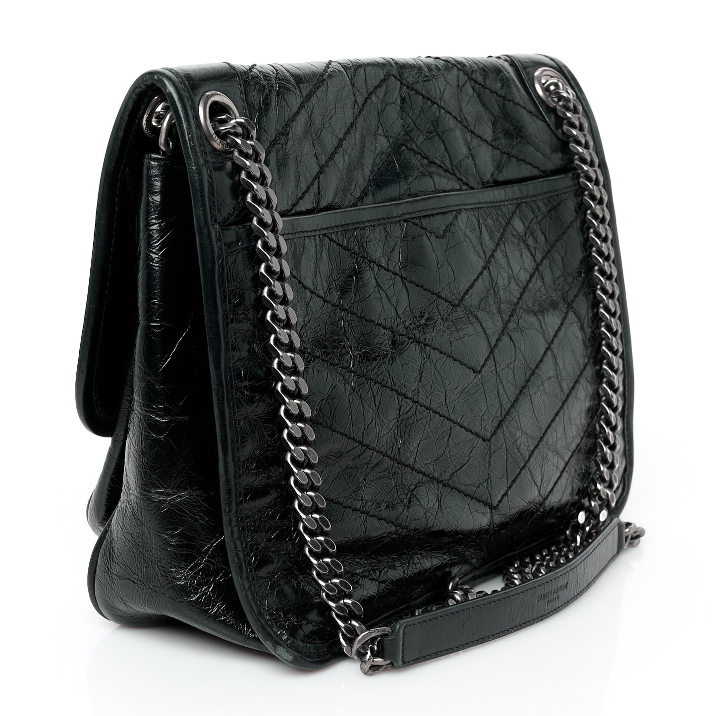 Crinkled Calfskin Matelasse Monogram Medium Niki Chain Satchel Black