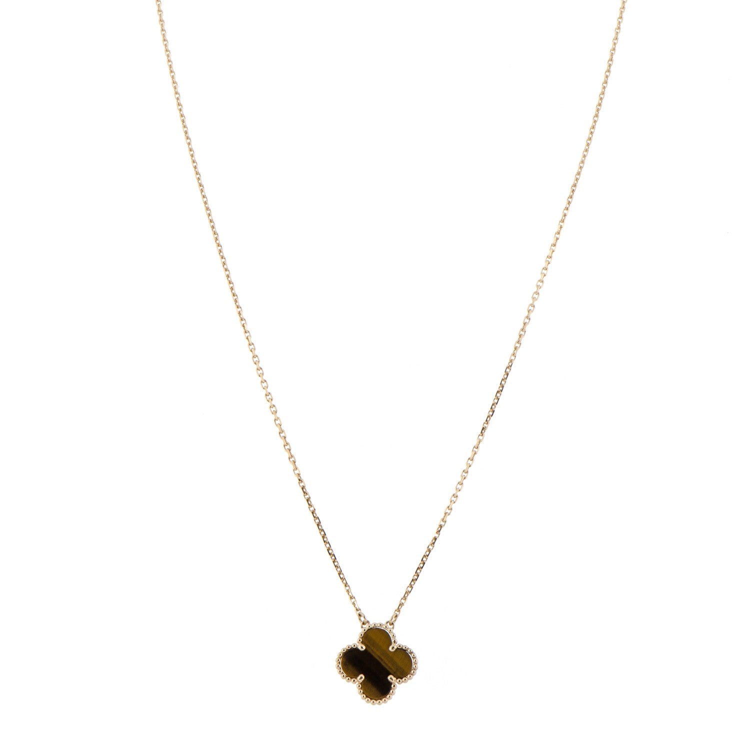 Van Cleef & Arpels 18K Yellow Gold Tiger Eye Vintage Alhambra Pendant Necklace 1 of 5