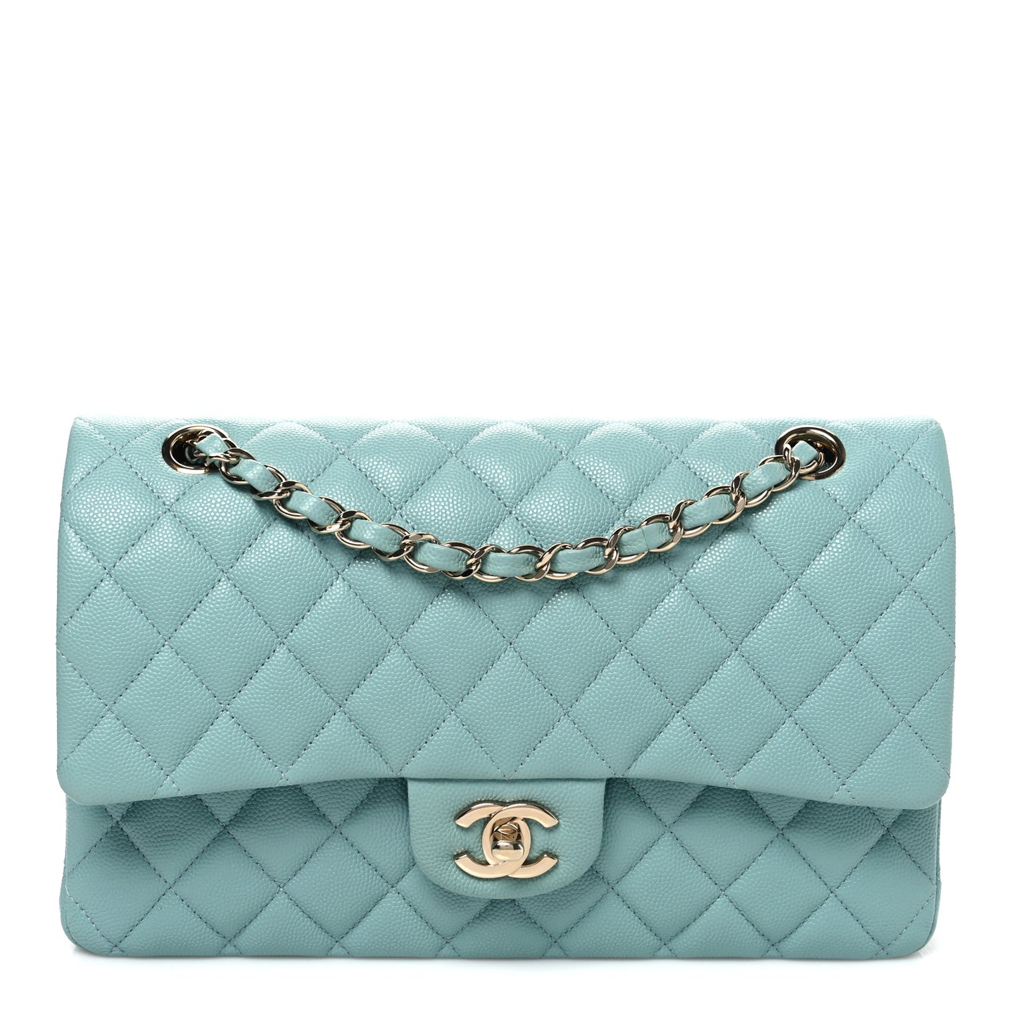 Caviar Quilted Medium Double Flap Light Blue