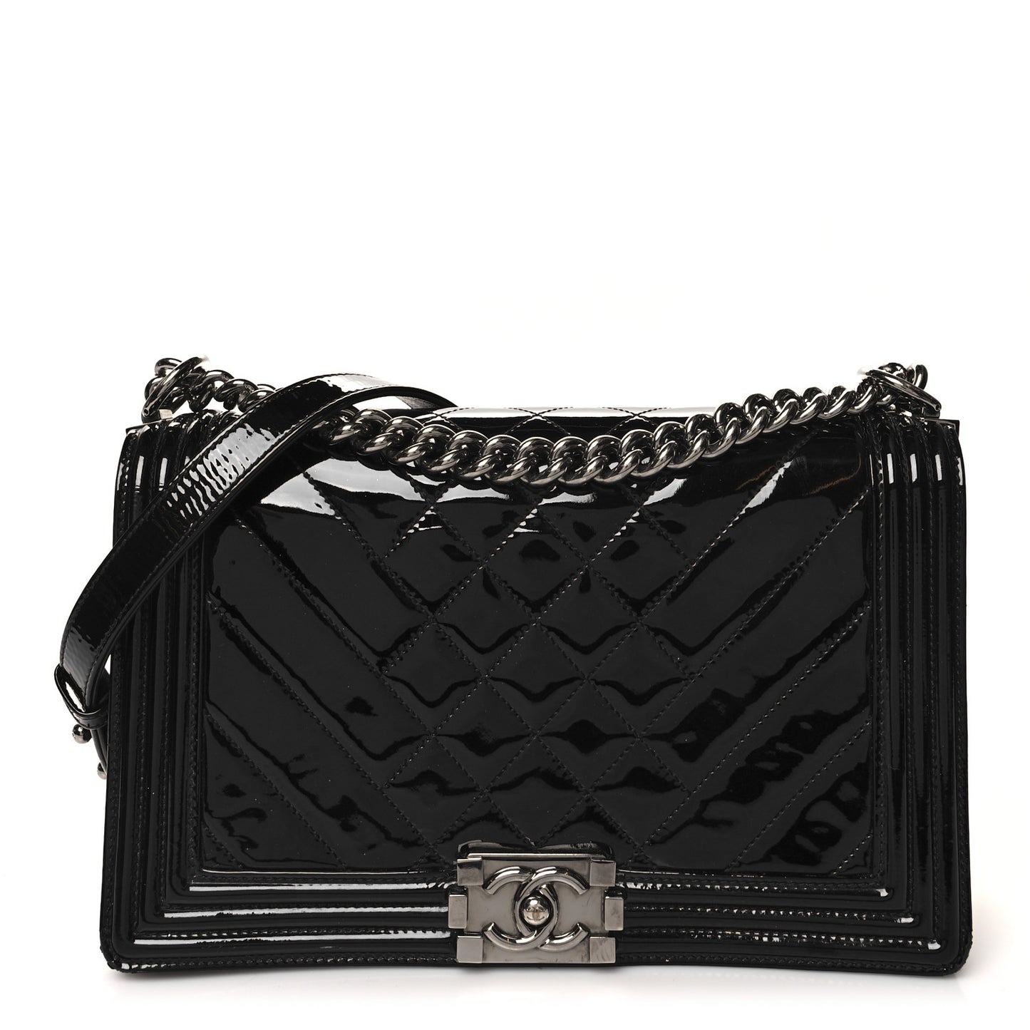 Patent Chevron Quilted New Medium Boy Flap Black