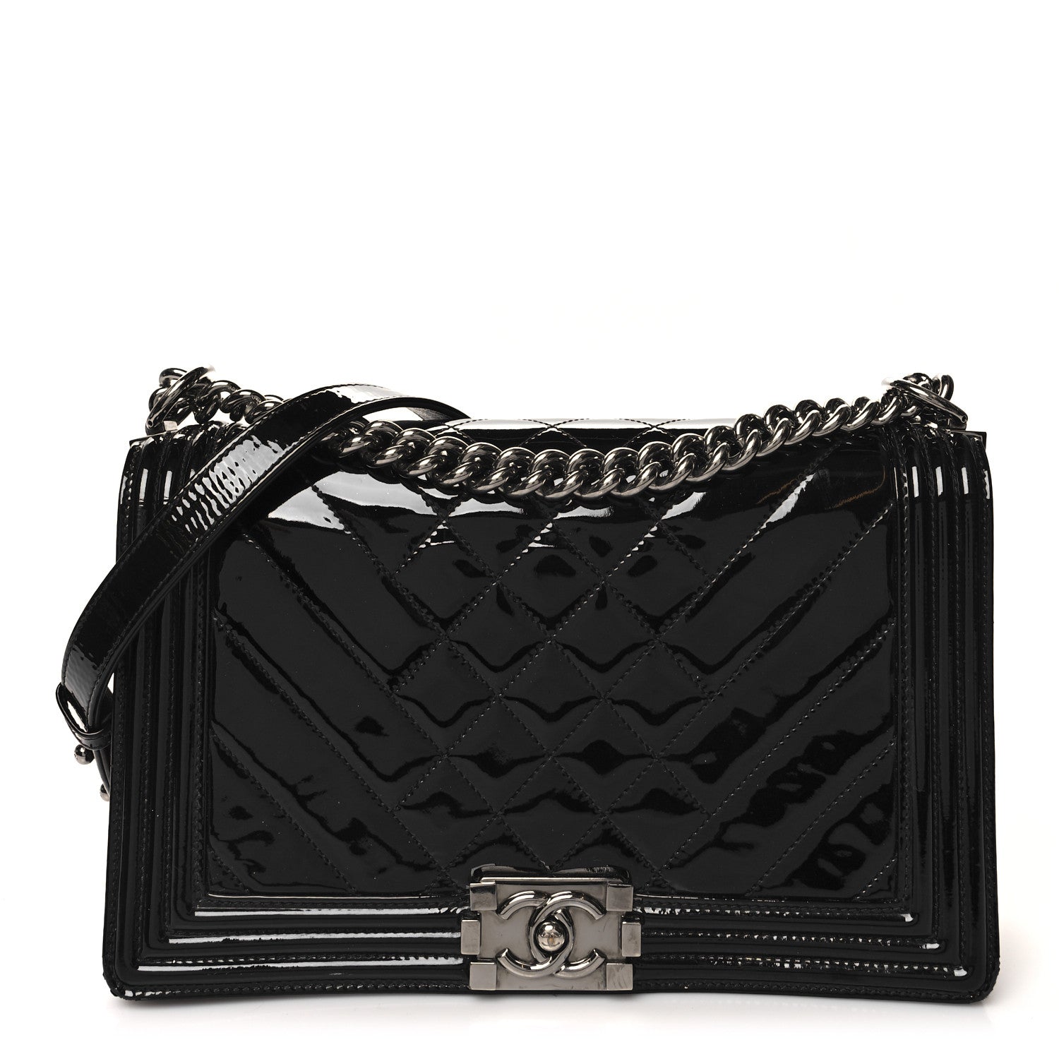 Chanel Patent Chevron Quilted New Medium Boy Flap Black 1 of 11