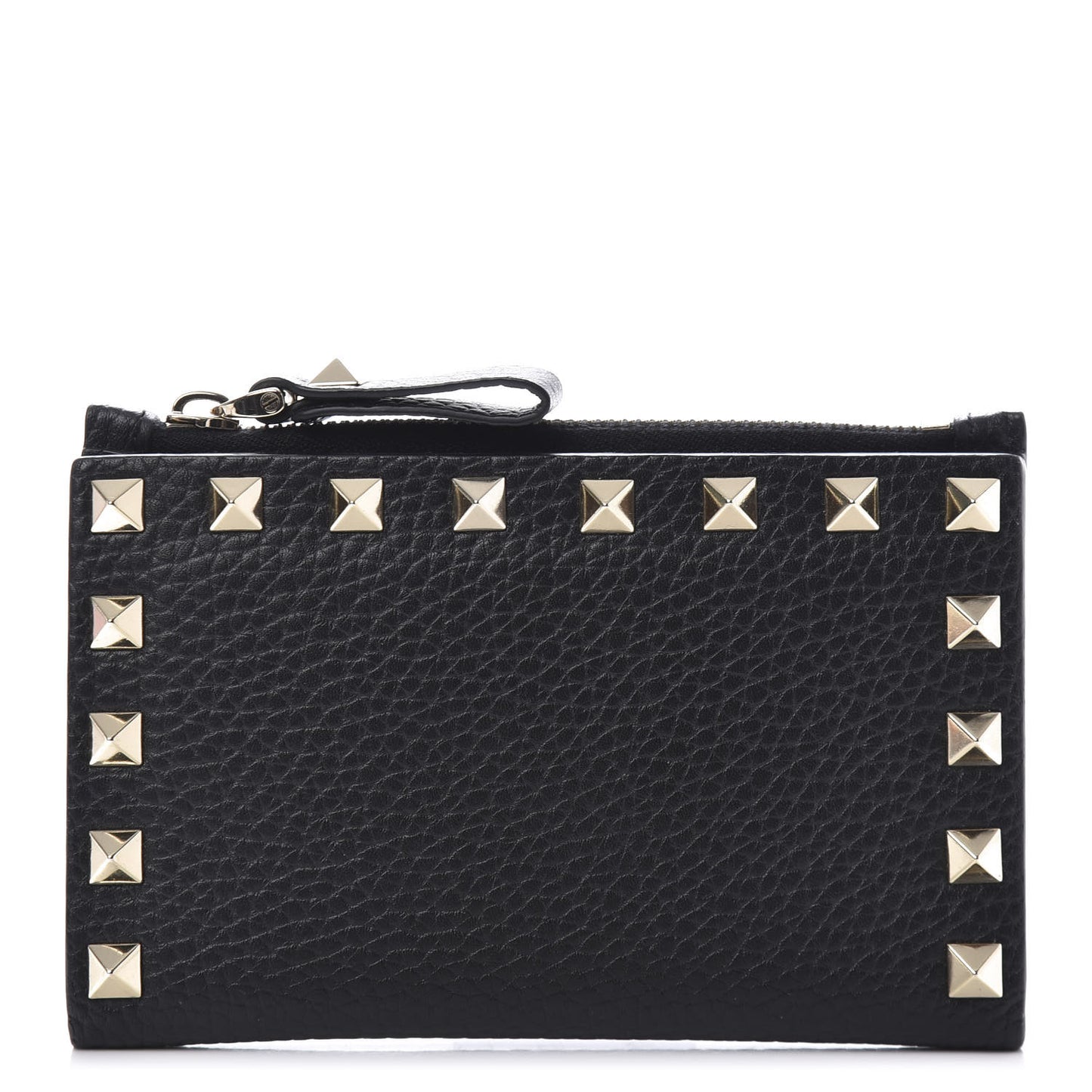 Pebbled Calfskin Rockstud Coin Case Card Holder Black