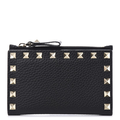 Valentino Garavani Pebbled Calfskin Rockstud Coin Case Card Holder Black 1 of 9