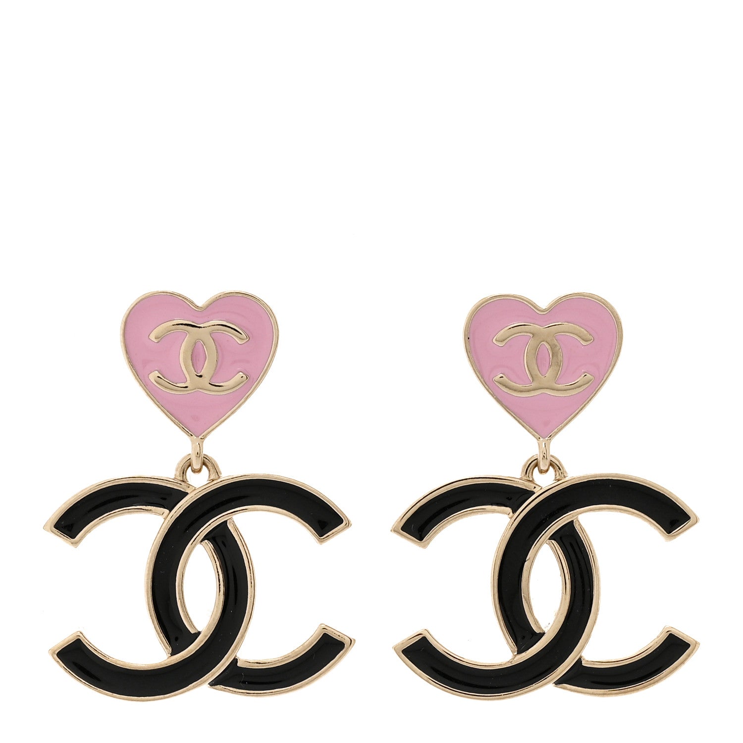 Chanel Metal Enamel CC Heart Drop Earrings Gold Black Pink 1 of 4