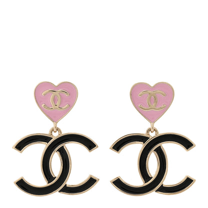 Chanel Metal Enamel CC Heart Drop Earrings Gold Black Pink 1 of 4