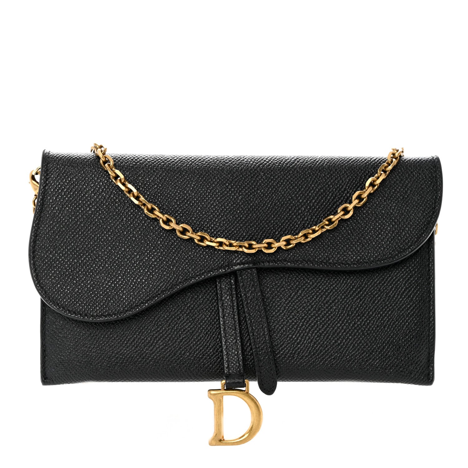 Christian Dior Grained Calfskin Saddle Chain Wallet Pouch Black 3 of 12