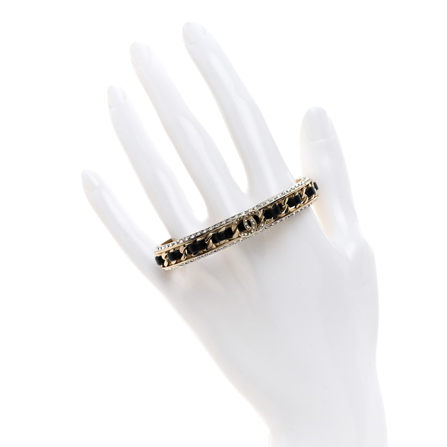 Metal Lambskin Crystal Chain CC Cuff S Black Gold