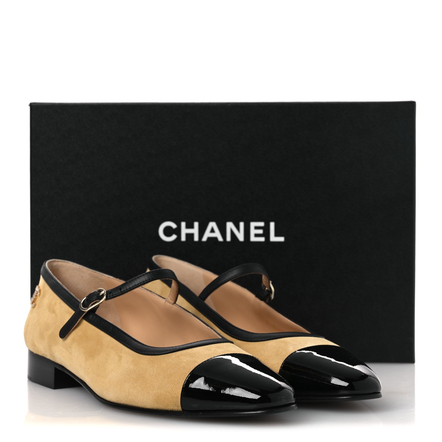 Chanel Suede Kidskin Lambskin Patent Calfskin Cap Toe CC Mary Jane Flats 39 Beige Black 11 of 11