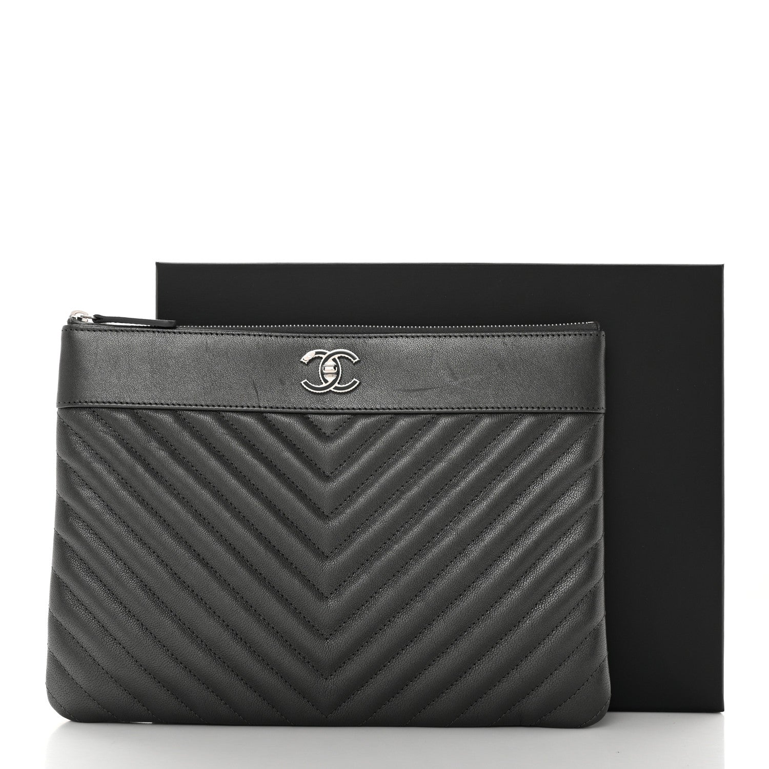 Chanel Metallic Sheepskin Chevron Quilted Mademoiselle Vintage Large Zip Pouch Dark Grey 10 of 10