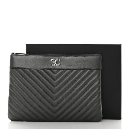 Chanel Metallic Sheepskin Chevron Quilted Mademoiselle Vintage Large Zip Pouch Dark Grey 10 of 10