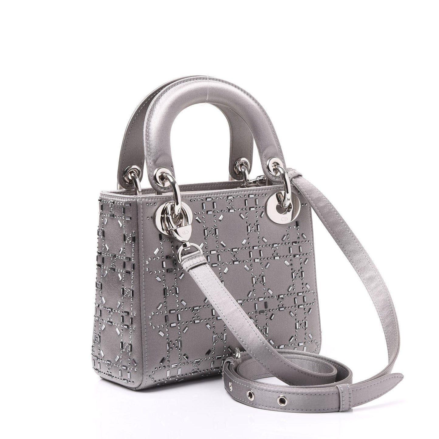 Satin Crystal Cannage Mini Lady Dior Gray