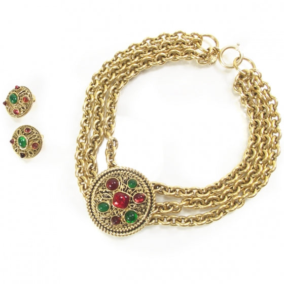 Gold Vintage Jeweled Medallion Necklace & Earrings Set