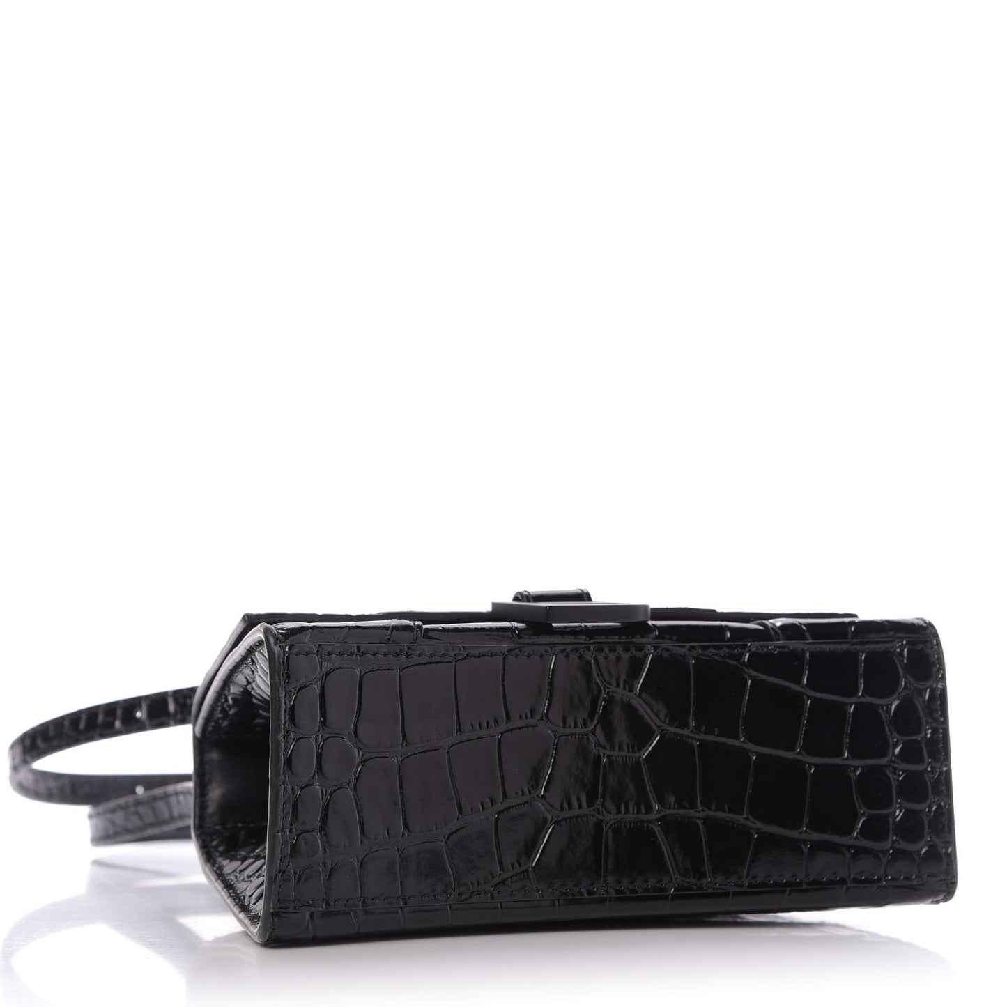 Shiny Calfskin Monochrome Crocodile Embossed Hourglass Top Handle Bag XS Black