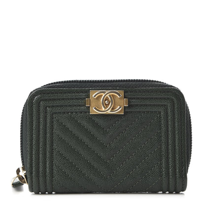 Chanel Caviar Chevron Quilted Boy Zip Around Coin Purse Wallet Dark Green 1 of 11