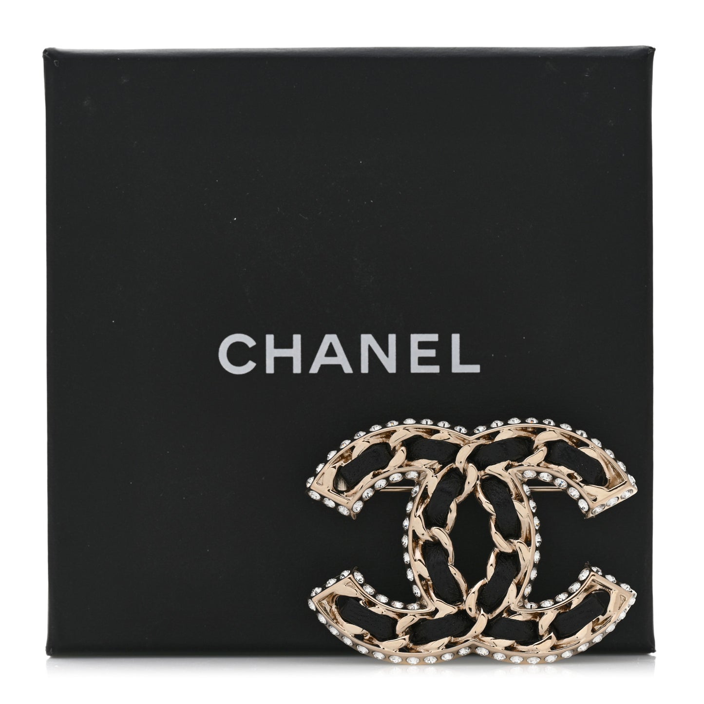Lambskin Crystal CC Chain Brooch Black Gold