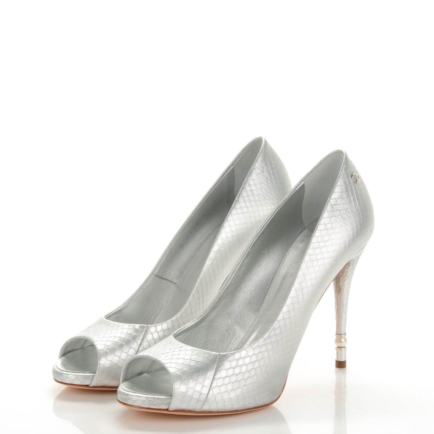 Patent Snakeskin Pearl Peep Toe Pumps 40.5 Silver