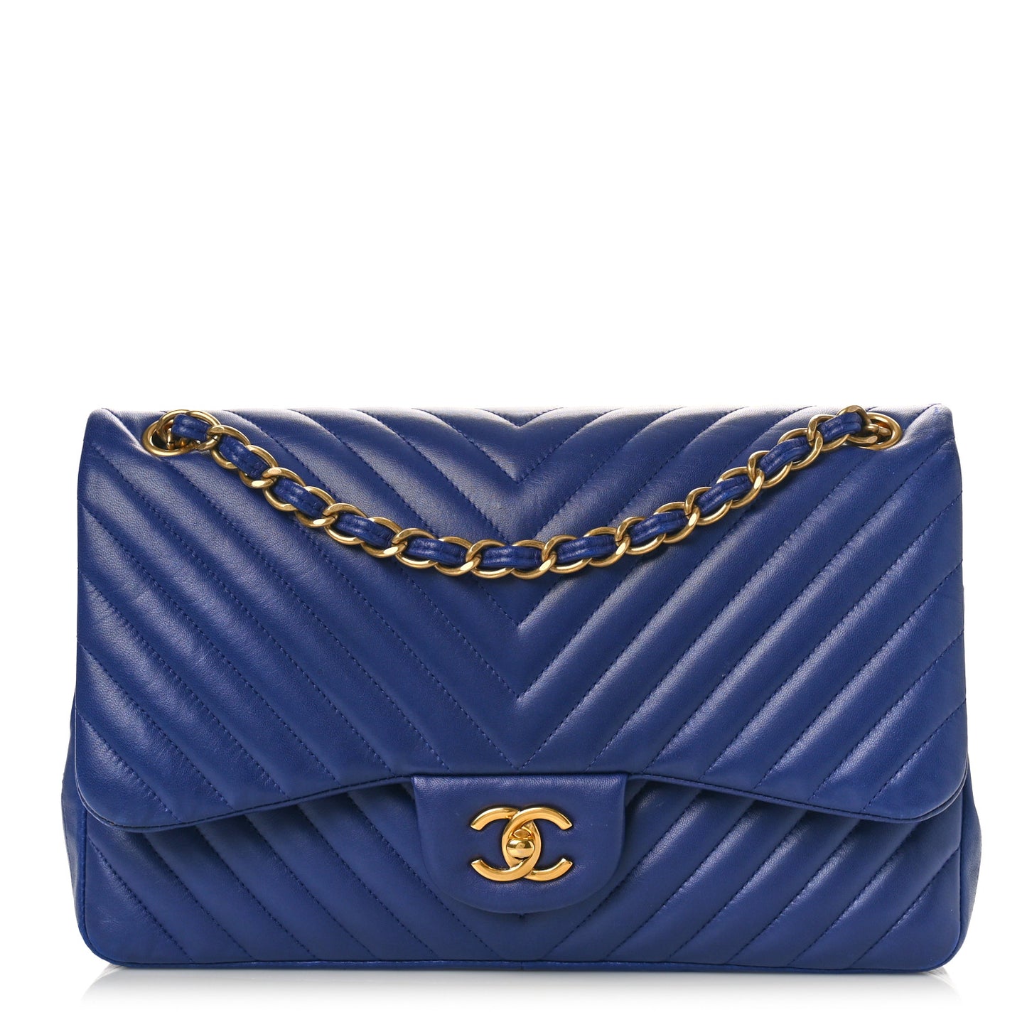 Lambskin Chevron Quilted Jumbo Double Flap Navy Blue