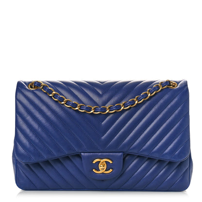 Chanel Lambskin Chevron Quilted Jumbo Double Flap Navy Blue 1 of 10