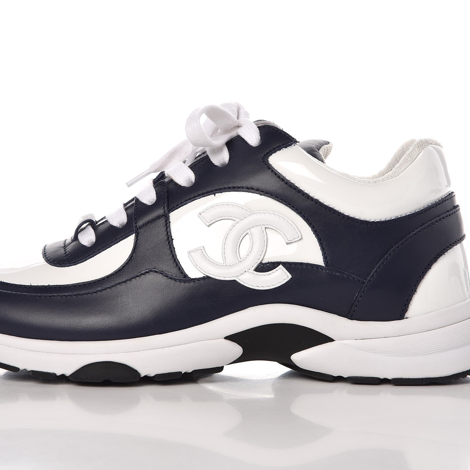 Chanel Patent Calfskin CC Sneakers 37.5 Navy White 9 of 11