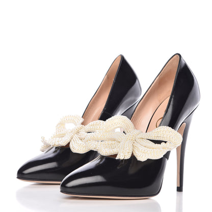 Gucci Polished Calfskin Removable Pearly Bow Elaisa Platform High Heel Pumps 36 Black 5 of 13