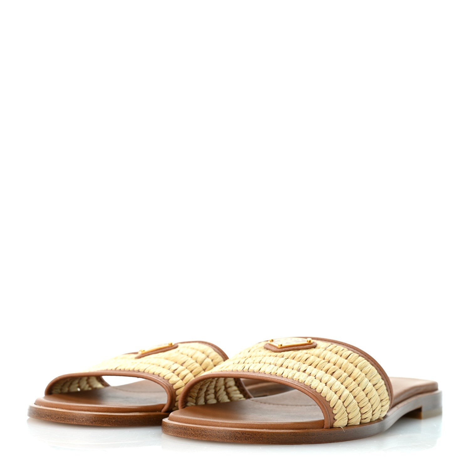 Prada Raffia Metal Triangle Logo 10mm Slide Sandals 37 Naturale 4 of 8