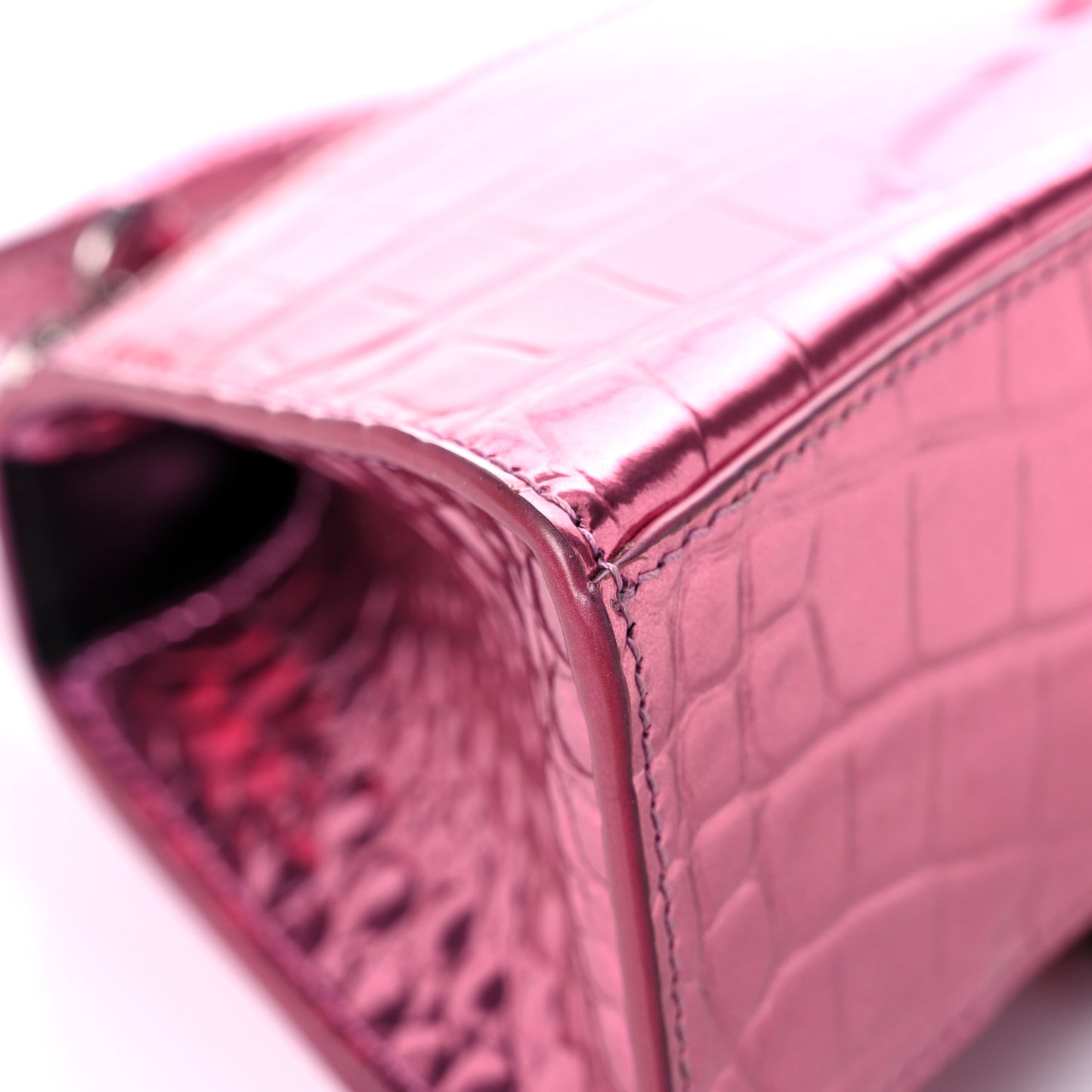 Metallic Shiny Calfskin Crocodile Embossed Hourglass Top Handle Bag XS Pink