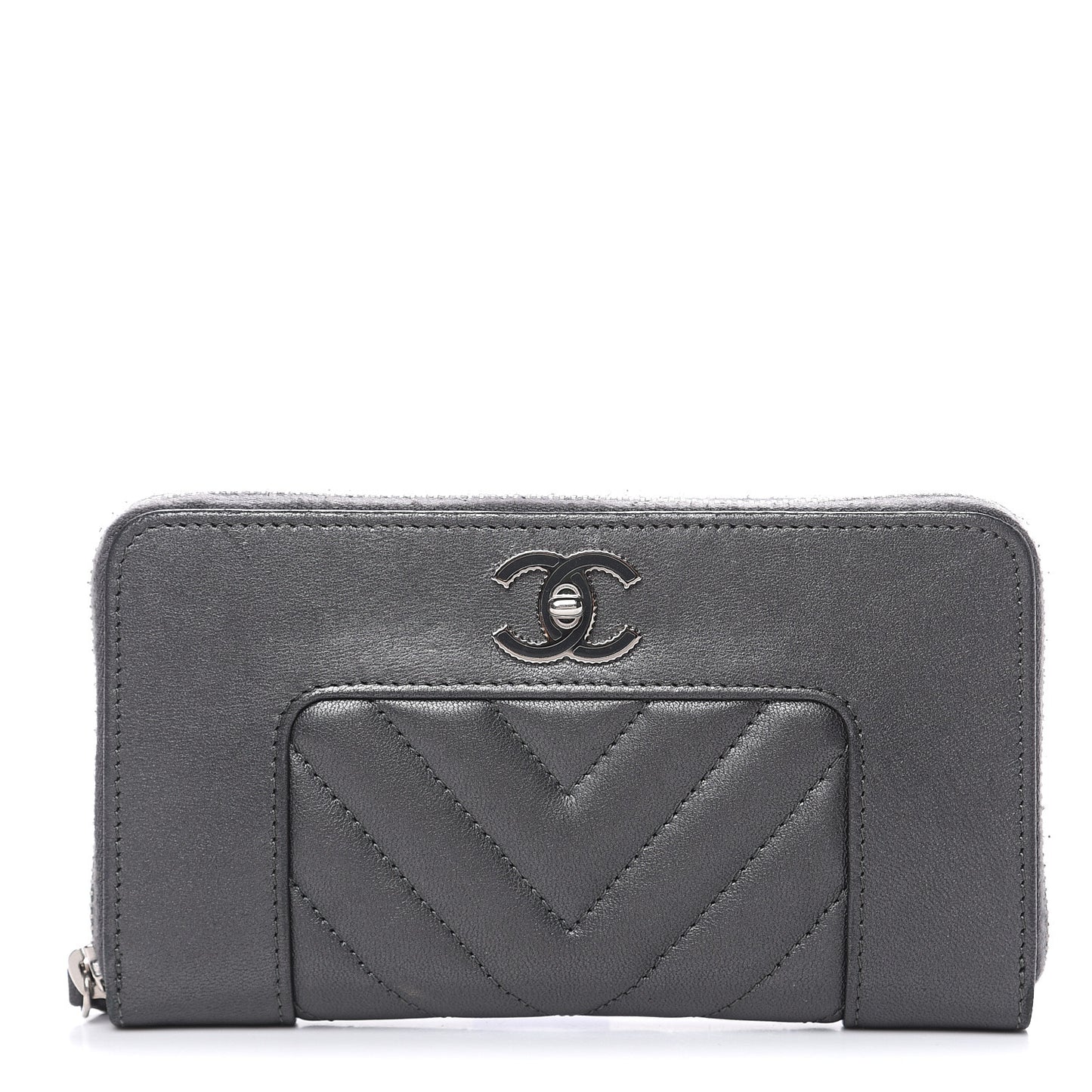 Sheepskin Chevron Quilted Mademoiselle Vintage Zip Around Wallet Grey