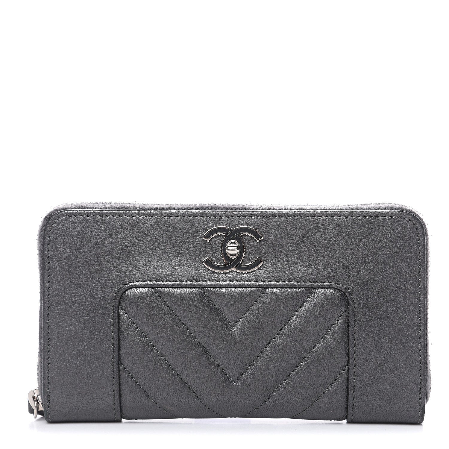 Chanel Sheepskin Chevron Quilted Mademoiselle Vintage Zip Around Wallet Grey 1 of 15
