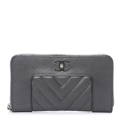 Chanel Sheepskin Chevron Quilted Mademoiselle Vintage Zip Around Wallet Grey 1 of 15
