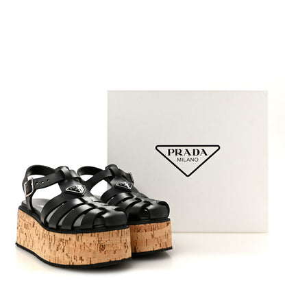 Prada Foam Rubber Cork Triangle Logo Platform Cage Sandals  40 Black 10 of 10