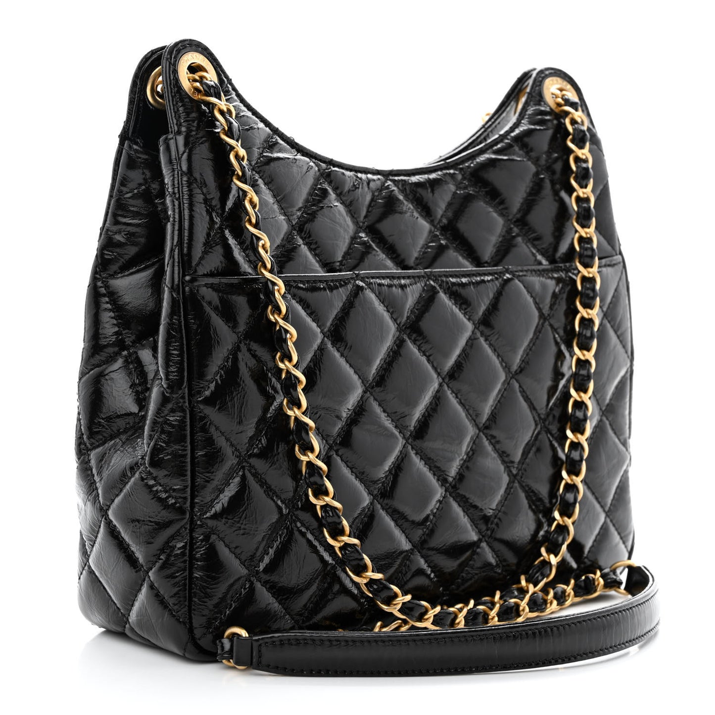 Shiny Crumpled Calfskin Quilted Wavy CC Hobo Black