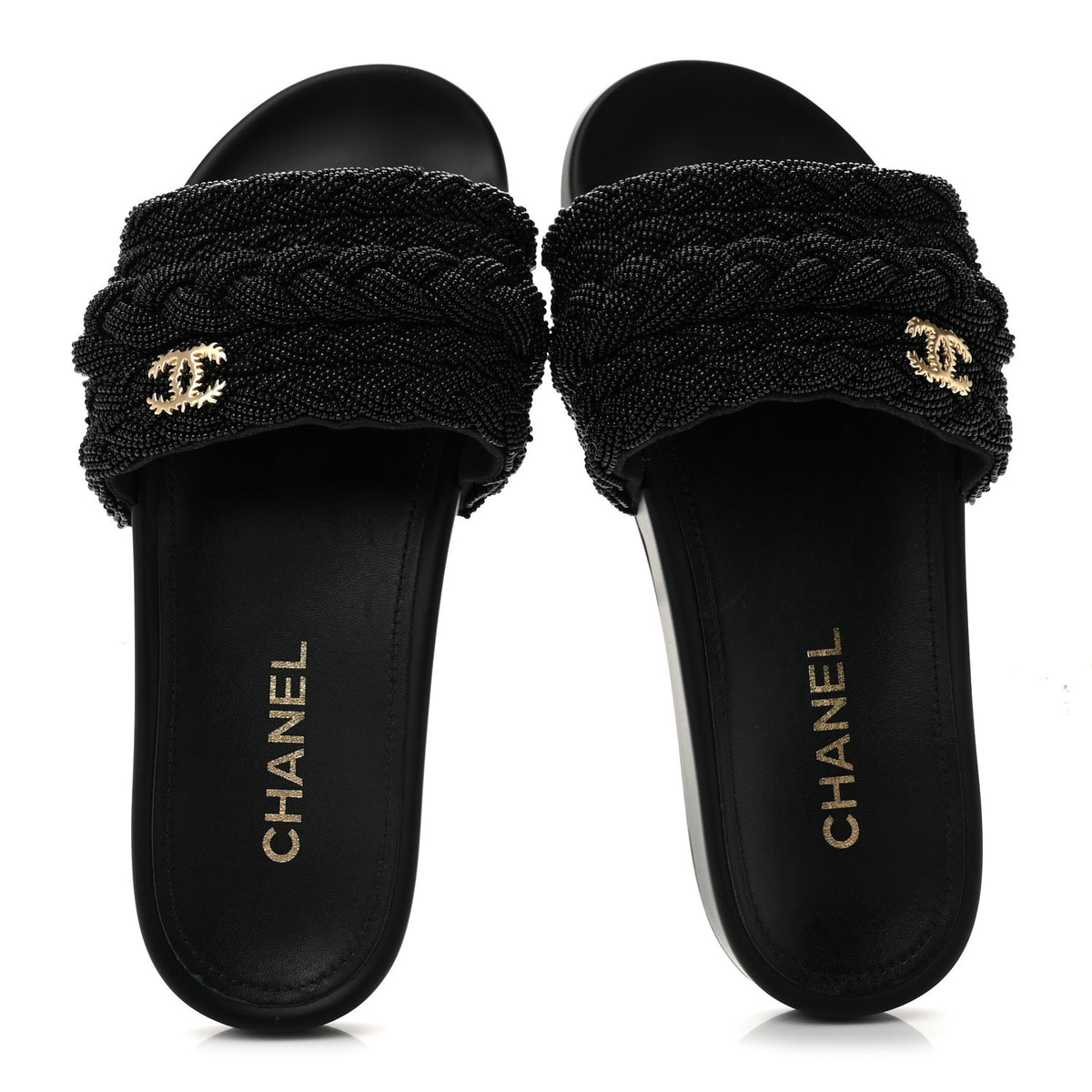 Lambskin Pearl Beaded Woven Slides 38 Black