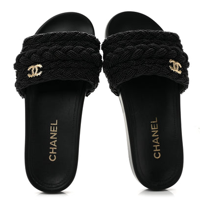 Chanel Lambskin Pearl Beaded Woven Slides 38 Black 2 of 10