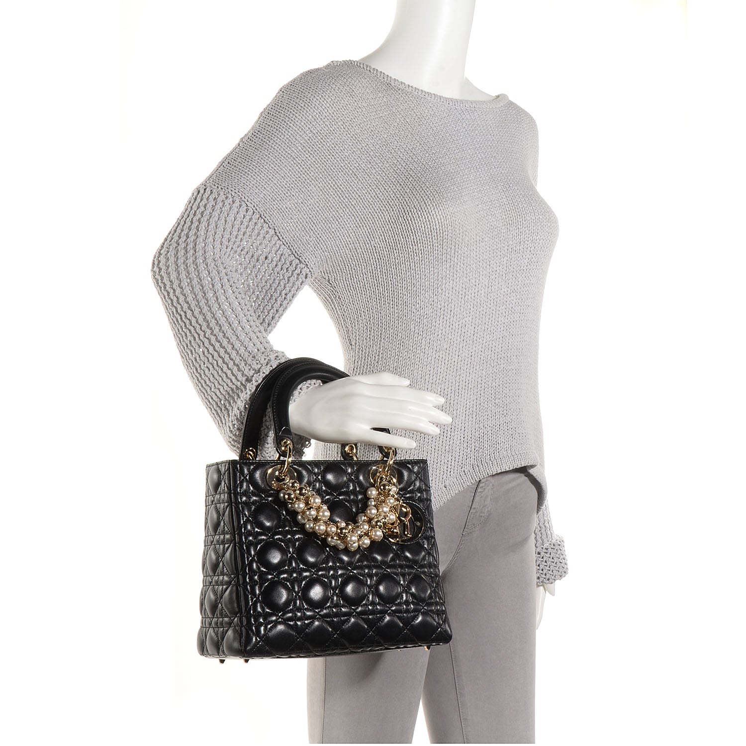 Christian Dior Lambskin Cannage Medium Pearl Lady Dior Black 2 of 7