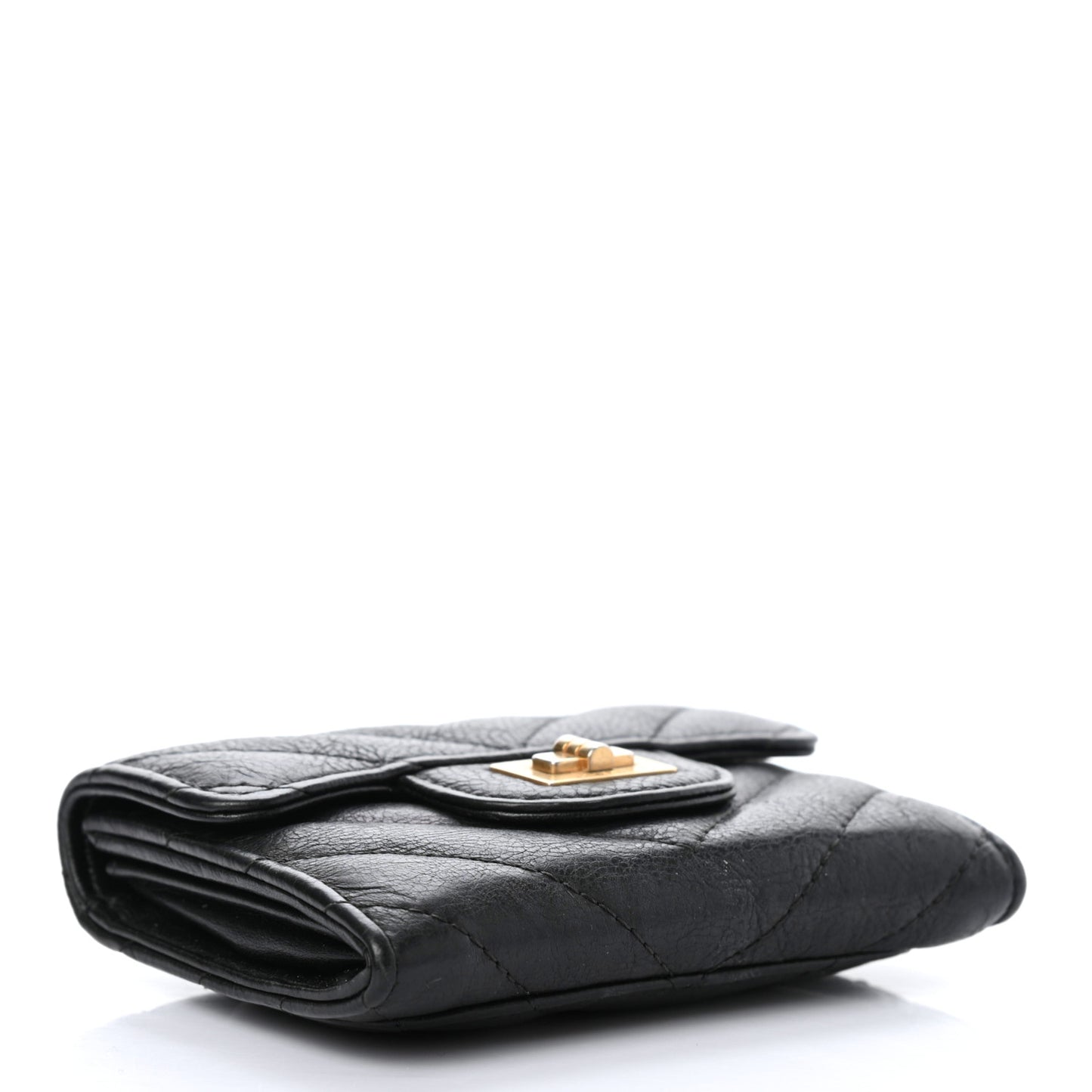 Crumpled Calfskin Chevron Quilted Reissue Card Holder Black
