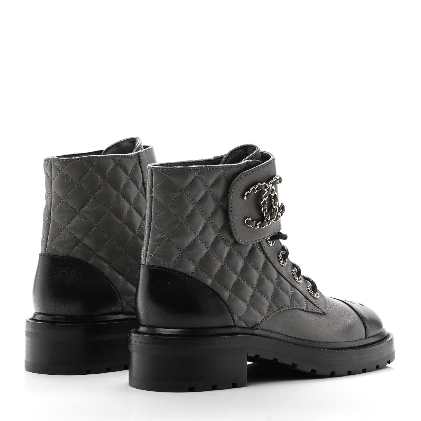 Shiny Lambskin Quilted Lace Up Combat Boots 38.5 Grey Black
