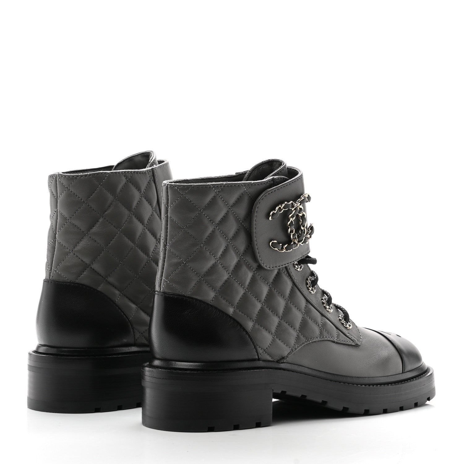 Chanel Shiny Lambskin Quilted Lace Up Combat Boots 38.5 Grey Black 4 of 11