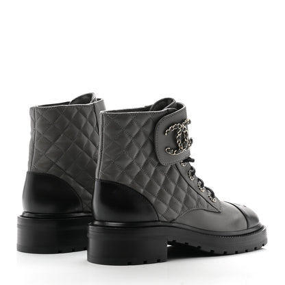 Chanel Shiny Lambskin Quilted Lace Up Combat Boots 38.5 Grey Black 4 of 11