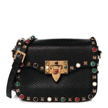 Valentino Garavani Pebbled Calfskin Rockstud Rolling Flip Lock Crossbody Bag Black 1 of 14