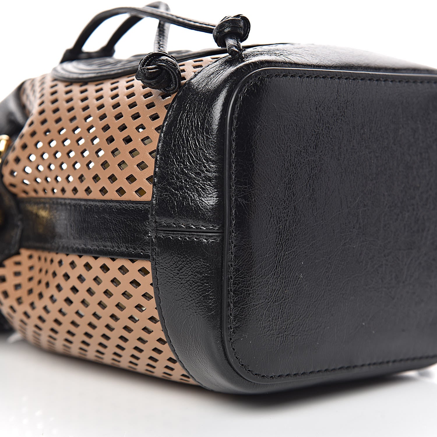 Fendi Vitello Liberty Glossy Lambskin F is Fendi Perforated Mini Mon Tresor Bucket Bag Sand Mimosa Black 8 of 10