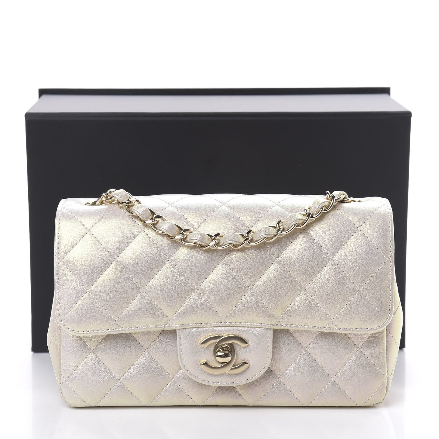 Iridescent Lambskin Quilted Mini Rectangular Flap Ivory