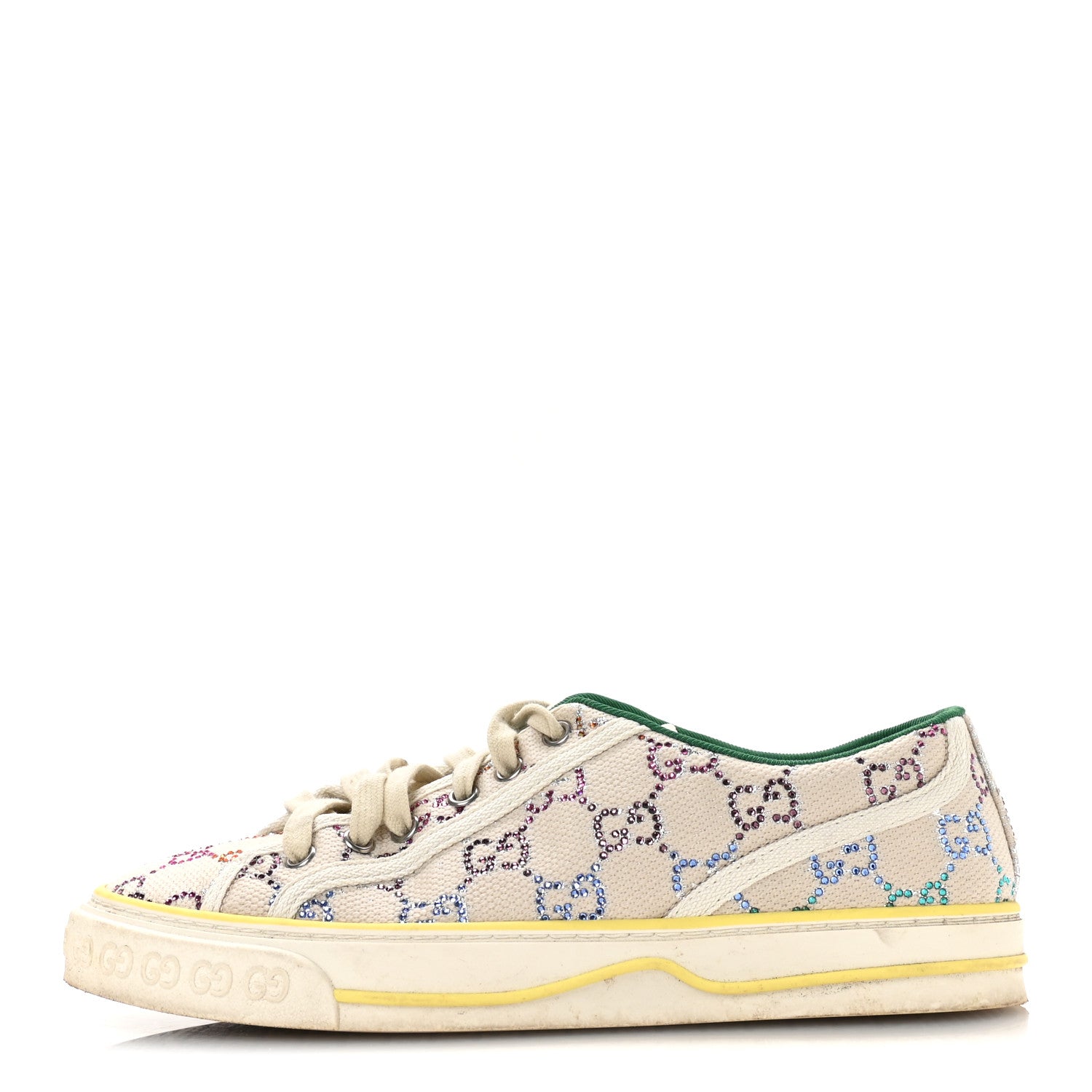 Gucci Canvas Lame Crystal GG Monogram Womens 1977 Tennis Sneakers 39 Gardenia Silver Mystic White 1 of 7