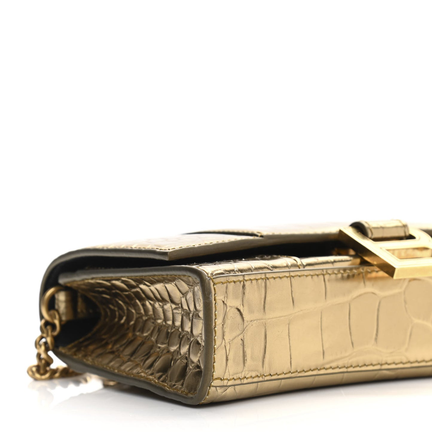 Metallic Calfskin Crocodile Embossed Hourglass Chain Bag Gold
